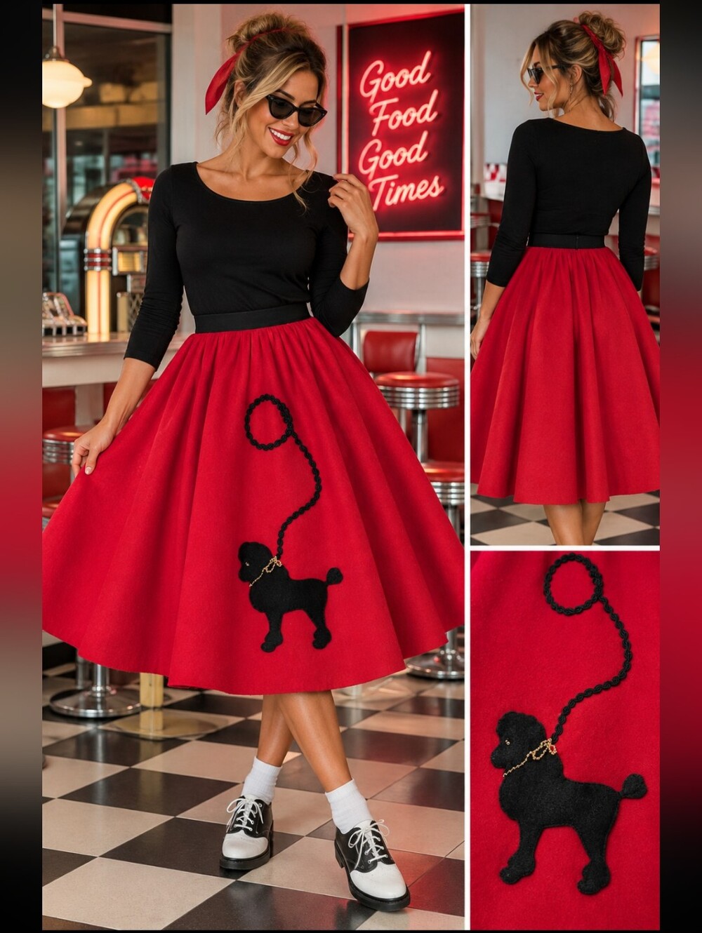 Vintage Style Red Poodle Skirt Black Applique Full Circle 50s Rockabilly Costume